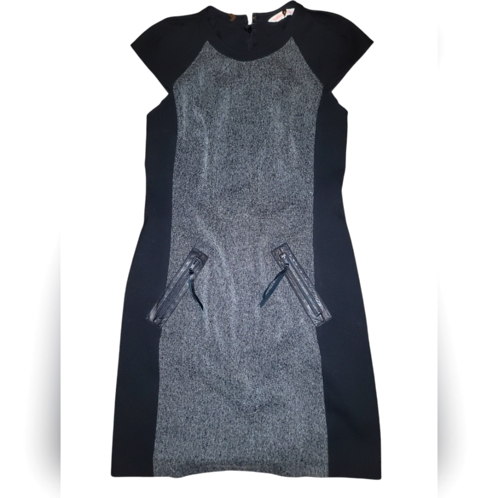 Rebecca Taylor back zip dress, gray/black, faux leather trim, size 6